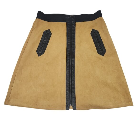 Eci Brown & Black Faux Suede A-Line Skirt With Faux Leather Pockets Size M - Picture 1 of 6